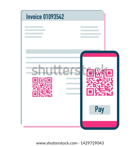 Vector illustration with phone scan qr code for payment invoice. Electronic, digital technology, barcode. Design for web page, banner, presentation, social media, poster, print. Flat style.