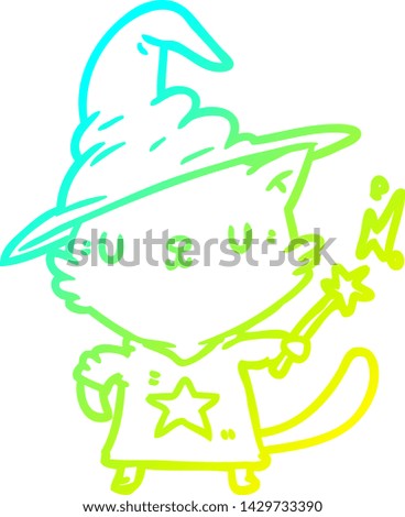 cold gradient line drawing of a magical amazing cat wizard