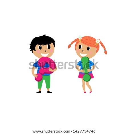 Illustration little boy and girl holding exclamation mark and question mark, vector cartoon design