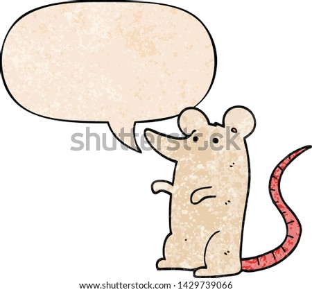 cartoon rat with speech bubble in retro texture style