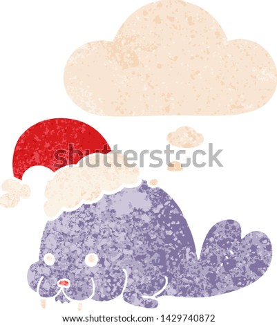 cartoon christmas walrus with thought bubble in grunge distressed retro textured style