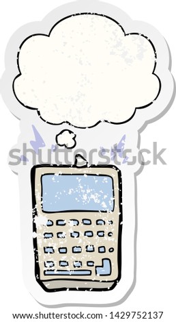 cartoon calculator with thought bubble as a distressed worn sticker