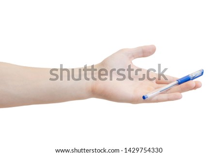 Blue transparent ballpoint pen with clip in men's hand isolated on a white background