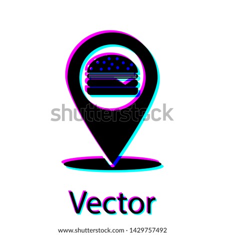 Black Map pointer with fast food burger icon isolated on white background. Vector Illustration