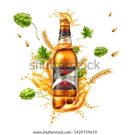 Realistic lager beer bottle ad poster template with liquid splash with green hops wheat ears explosion with glass bottle. Home brew ale package mockup design. Fresh alcohol drink with splashing flow Royalty-Free Stock Photo #1429759619