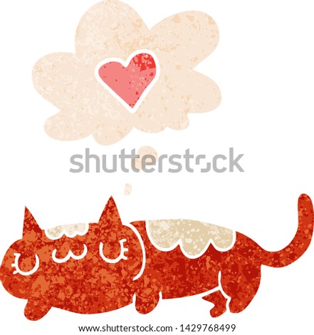 cartoon cat with thought bubble in grunge distressed retro textured style