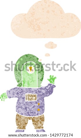 cartoon space alien with thought bubble in grunge distressed retro textured style