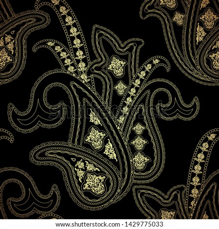 Gold and black seamless pattern in oriental ethnic style.Paisley motif filigree ornament. Traditional retro indian background. Element for design. 
