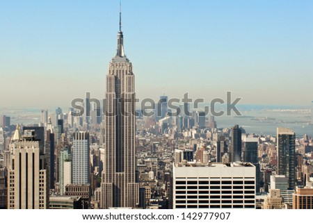 View over the amazing skyscrapers of Manhattan, New York City during daytime Royalty-Free Stock Photo #142977907