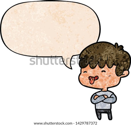 cartoon boy sticking out tongue with speech bubble in retro texture style