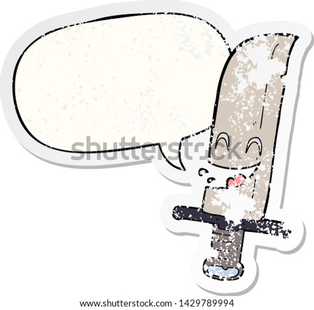 cartoon laughing knife with speech bubble distressed distressed old sticker