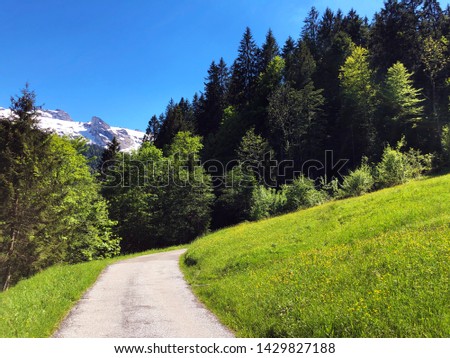 Road and walk through the Wägital valley (Waegital or Wagital) and by the Wägitalersee or Waegitalersee alpine Lake, Innerthal - Canton of Schwyz, Switzerland (Kanton Schwyz, Schweiz)