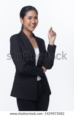 Portrait half body Snap Figure, Asian Business Woman Stand in black Formal proper Suit pants, studio lighting white background isolated, Lawyer Boss act posing smile smart look fashion sign