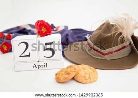 ANZAC Day, April 25, Australian flag, red poppies, slouch hat & Anzac biscuits