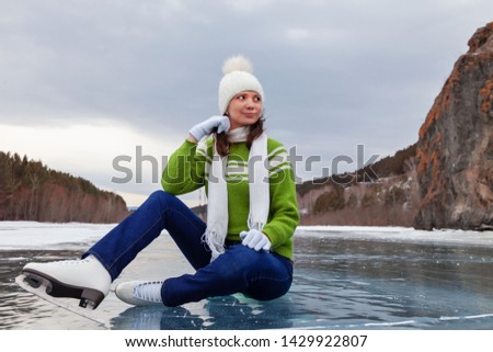 cheerful woman ice skating winter nature 