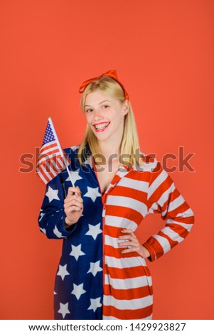 Make america great again. American flag. America. United states. USA. United states of America. US. Smiling woman with little american flag. Independence Day.