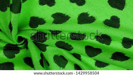 Texture, background, pattern, postcard, silk fabric, green print from the fabric of black hearts, your projects will not go unnoticed, this fabric will help you with this