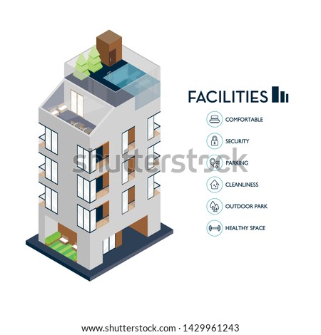 Isometric urban building. Icon facilities for condominium. Royalty-Free Stock Photo #1429961243