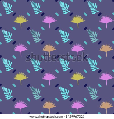 Pattern illustration of tropical palm leaves on dashes background