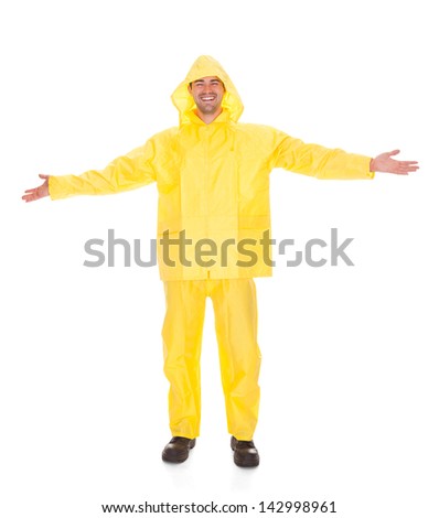 Man Wearing Raincoat Isolated Over White Background