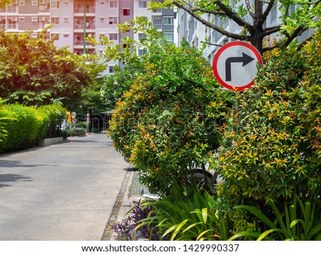 Traffic sign, Turn right street sign hiding in the green bush near concrete street and the parking in condominium. Royalty-Free Stock Photo #1429990337