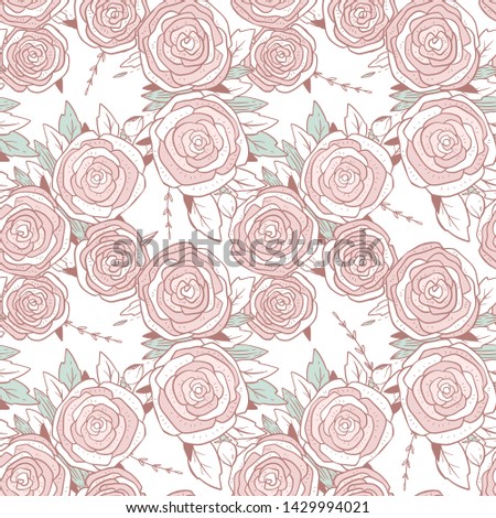 Hand drawn pattern with pretty roses, leaves and brunch. Background for fabric, paper, card. Beautiful, romantic pattern for holidays