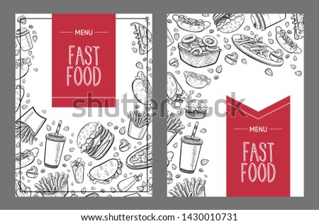 Vector background for fast food menu cover. Pattern in hand drawn flat line doodle style. With different elements: burger, french fries, hamburger, pizza, hot dog, taco, coffee. Template for text.