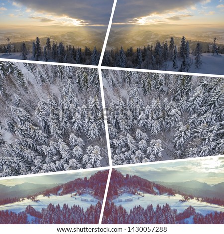 Collage of pictures on the theme of winter. Landscape from above. Travel background. 
