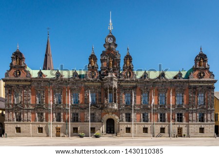 Town Hall at Stortorget in Malmo, Sweden. Translation: From the foundation built in 1546, this building was changed and improved in 1812, expanded and embellished in 1864-1869