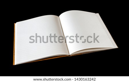Open blank notebook mockup, isolated on black