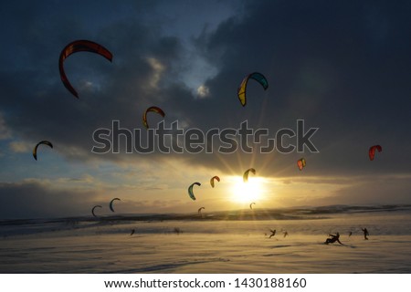 Arctic  North Expedition adventures trip , winter active sports snowkiting  Royalty-Free Stock Photo #1430188160