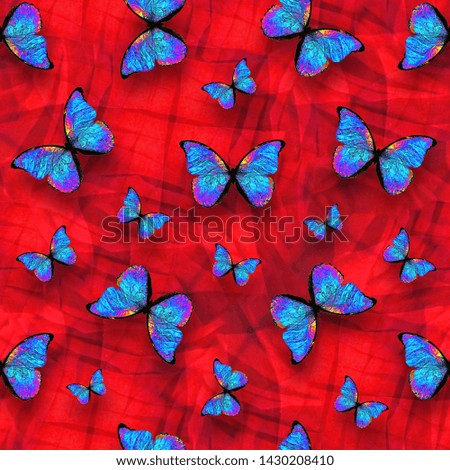 seamless pattern tropical colored butterflies red background