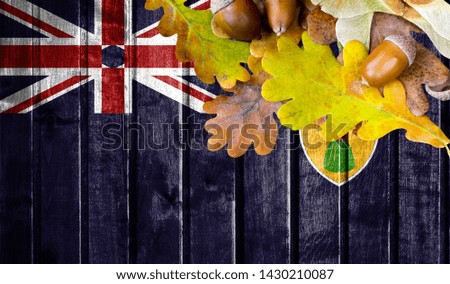 Turks and Caicos Islands flag on autumn wooden background with leaves and good place for your text.