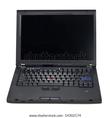 Black laptop computer with lid opened against a white background