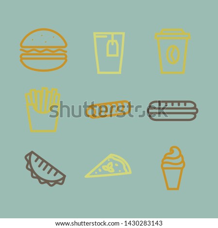 Vector fast food icons set ,sign,symbol,pictogram in outline style isolated on a blue background.Drink,ice cream,gamburger,hot dog,pita,tea,cup,pizza,fries thin line
