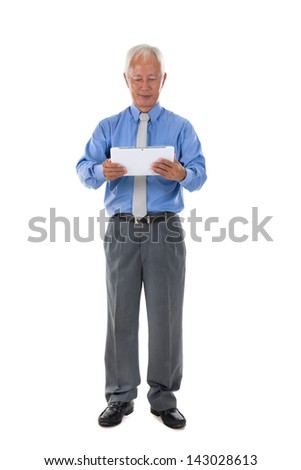 senior chinese singaporean with a tablet business man isolated on white background