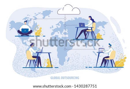 Global Outsourcing, People Using Cloud System in Distant Work and Data Storage. Men and Women Characters Sitting at Desks Working on Laptops Connected in Network. 3d Vector Isometric Illustration Royalty-Free Stock Photo #1430287751