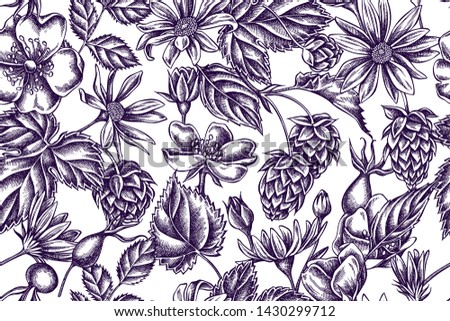 Artistic pattern with dog rose, hop, jerusalem artichoke