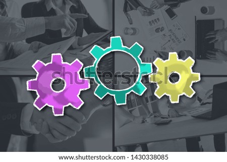 Teamwork concept illustrated by pictures on background