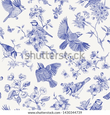 Seamless pattern. Classis vintage illustration. Blossom garden with tits. Birds and flowers. Chinoiserie