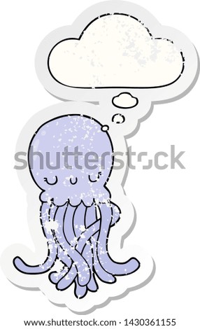 cute cartoon jellyfish with thought bubble as a distressed worn sticker
