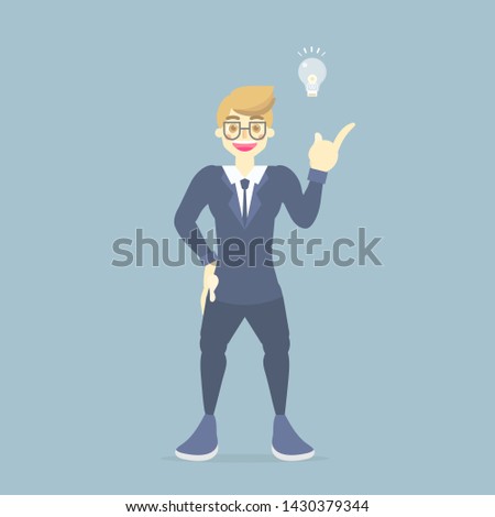 businessman in suit standing with light bulb lamp, having idea creative inspiration concept, flat vector illustration character cartoon design clip art