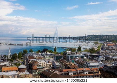 Geneva downtown district  and lake Geneva in summer from the catedral tower - aerial view