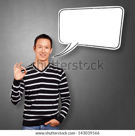 Asian man in striped with speech bubble
