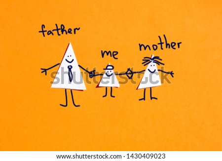 Picture of three triangle wich represent happy family (father, mother and child). Concept of full family.