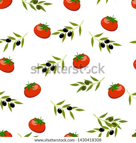 
Flat vector. Seamless pattern of olives and tomatoes on a white background
