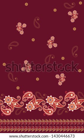 Seamless border with paisley and mandala on dark purple background. Indian, russian motifs. Print for fabric. Ethnic style.