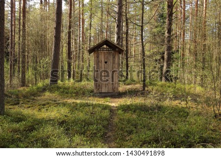 Wooden toilet in the forest / pine grove. Royalty-Free Stock Photo #1430491898