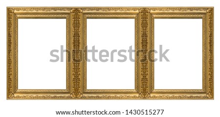 Triple golden frame (triptych) for paintings, mirrors or photos isolated on white background