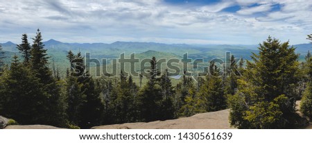 The mountaintop view of the Adirondack mountains during the green summer.